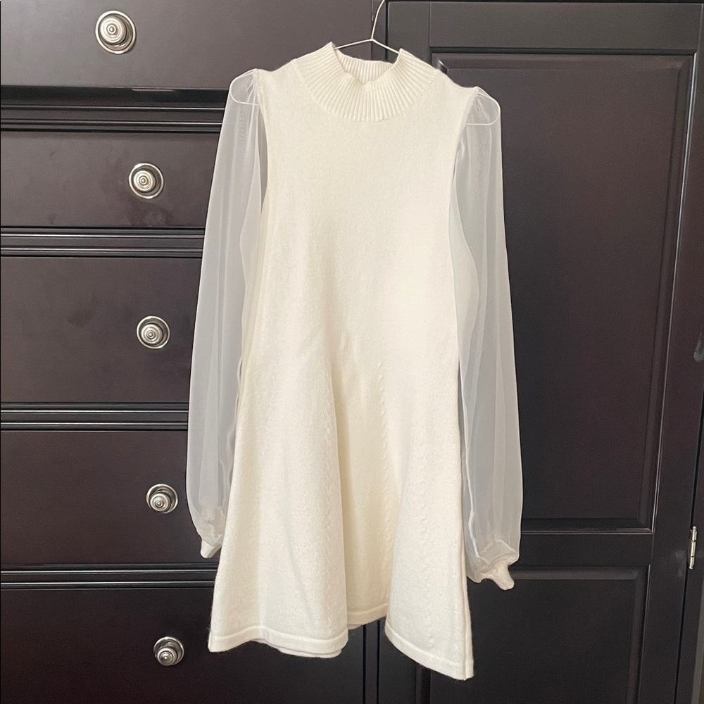 Elegant White Dress with Sheer Sleeves
